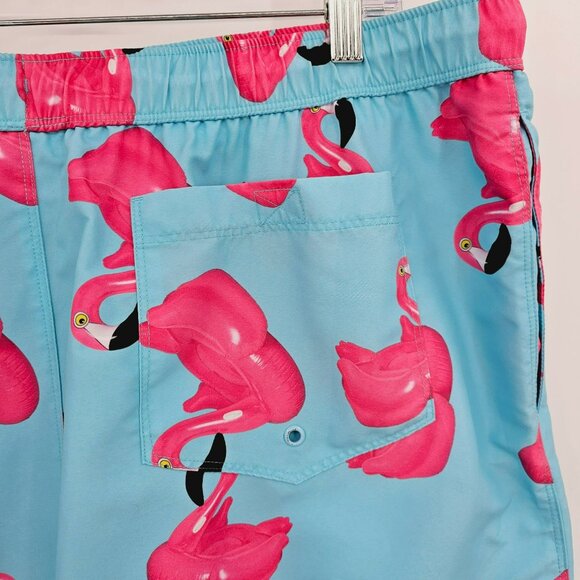 Asos Swim Shorts 2XL Blue Pink Flamingo Print Unlined Pockets Elastic Waist Tie - Picture 9 of 12
